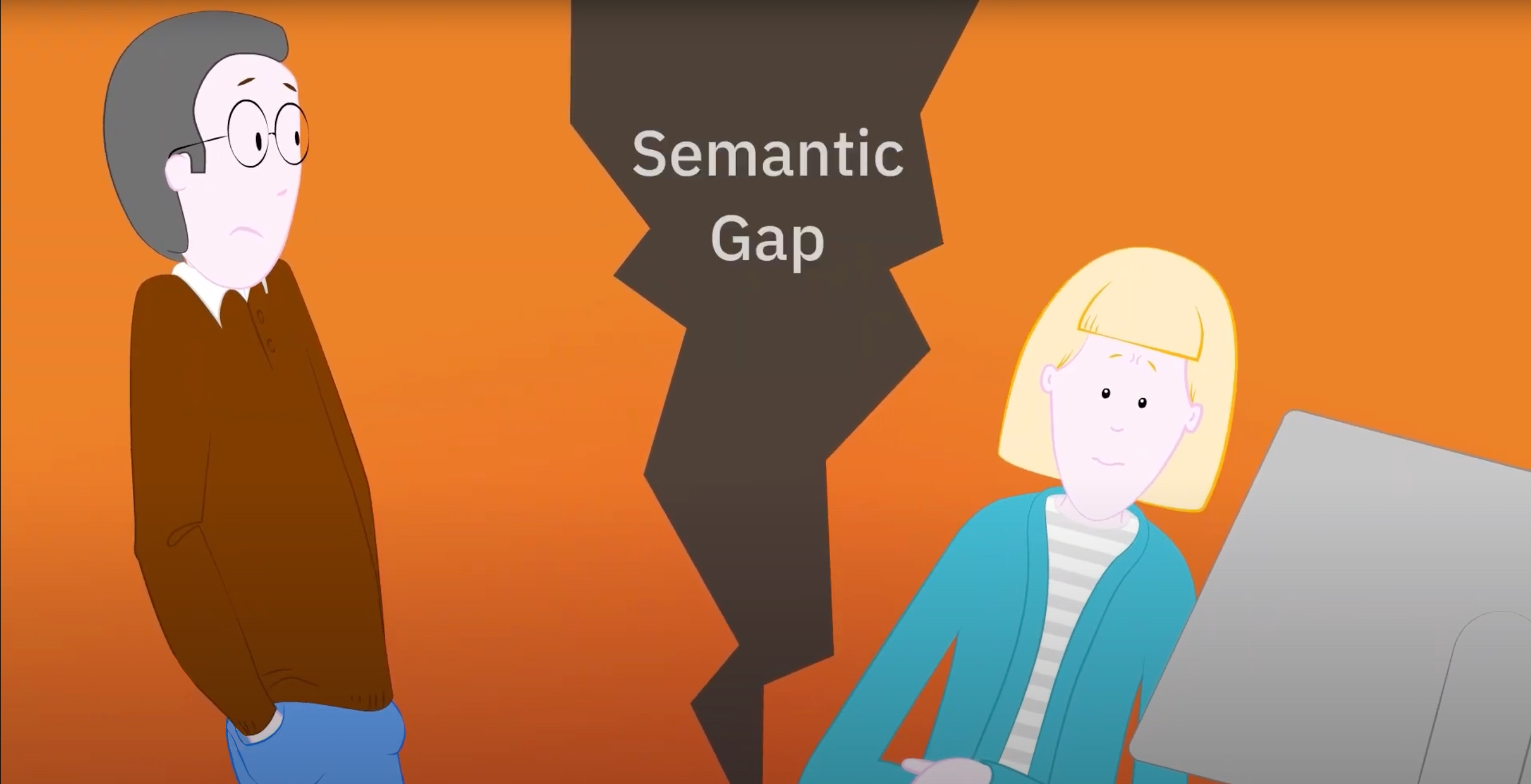 An illustration of two workers talking to one another but their is a big gap between them illustrating a lack of understanding.