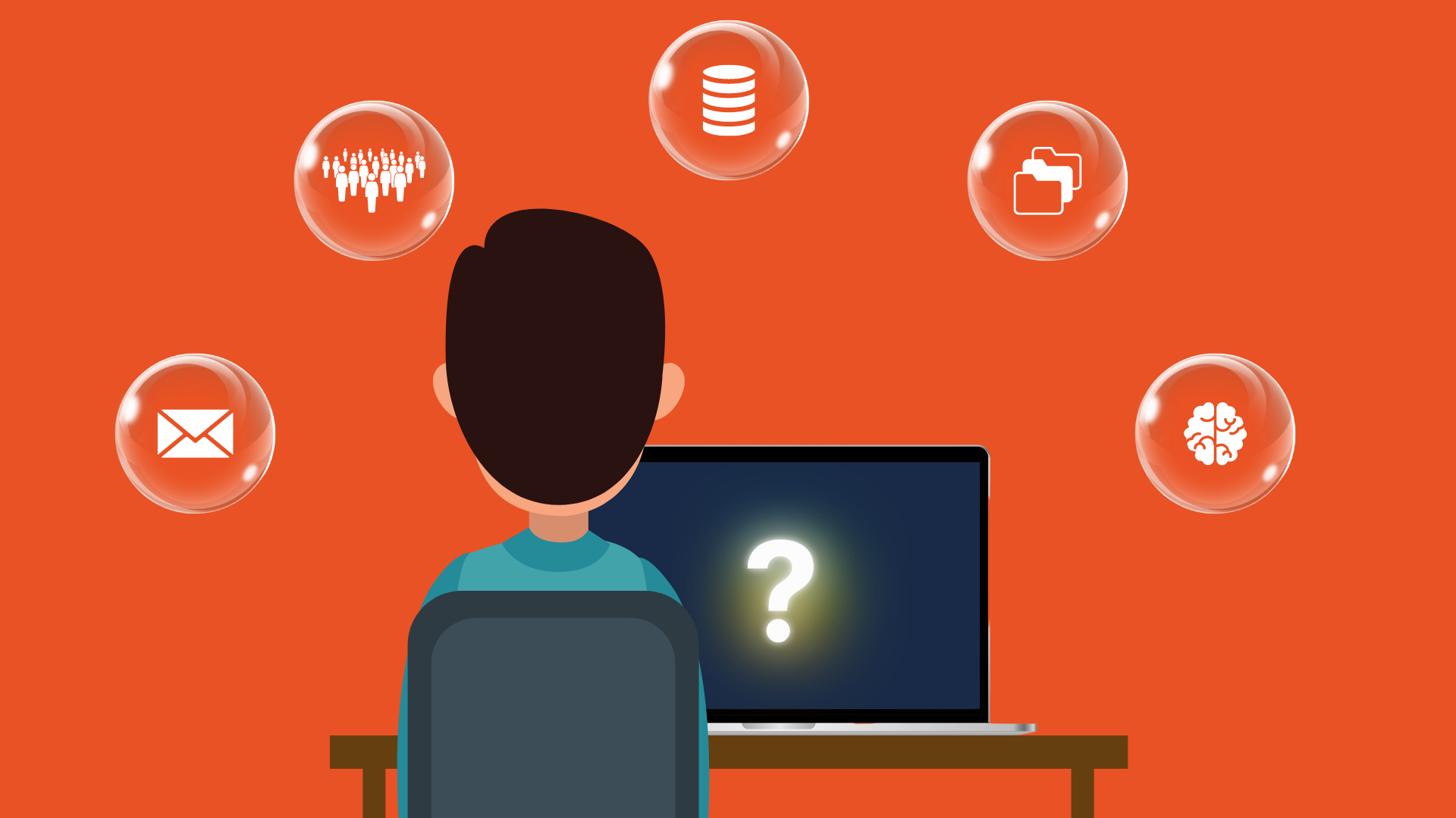 An illustration of a worker facing their computer with a question mark on its screen. They are uncertain about which application or system contains the data needed to answer their question.